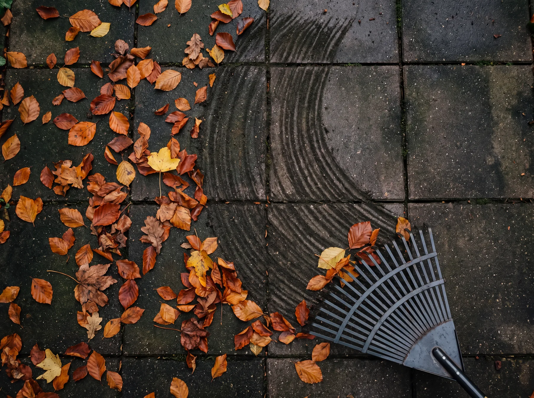 Rechenspur zwischen Herbstlaub und sauberem Gartenweg